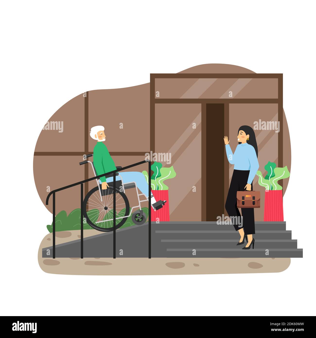 Homme senior handicapé en fauteuil roulant utilisant un escalier avec rampe d