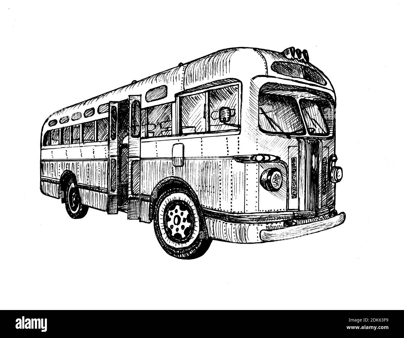 Dessiné à la main vintage bus de ville rétro, doodle croquis graphiques illustration monochrome sur fond blanc (originaux, pas de traçage) Banque D'Images