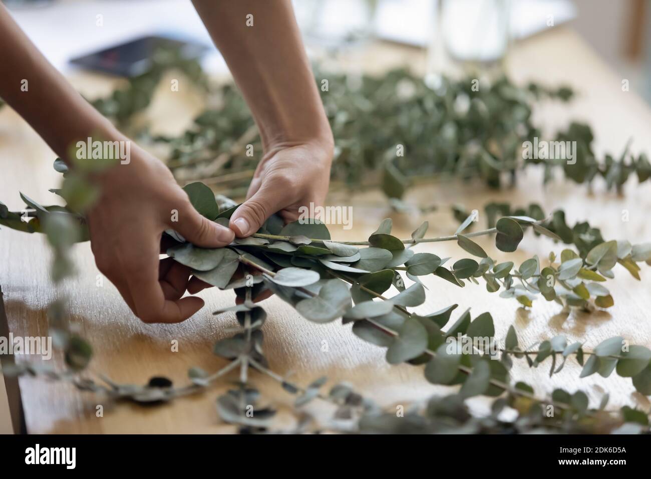 Jeunes femmes mains composant des branches avec des feuilles pour organiser le bouquet Banque D'Images