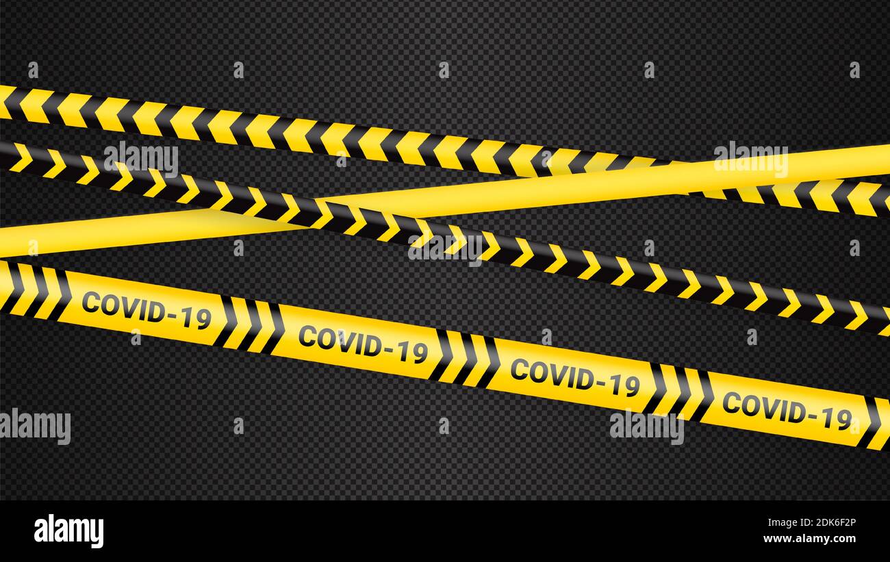 Ruban de mise en quarantaine. Ruban d'avertissement jaune Covid 19 et zone de quarantaine. Bande de danger covid du coronavirus sur fond transparent foncé. Garantie de sécurité Illustration de Vecteur