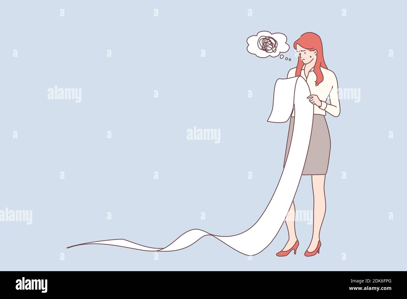 Paiement, facture et coûts énormes, frustration sur le concept de travail. Triste jeune femme d'affaires tenant une grande liste de tâches, document papier, facture d'achat, facture d'impôt Illustration de Vecteur