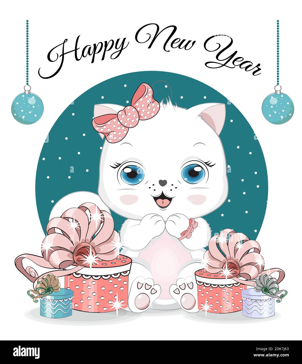 Bonne Annee Joyeux Noel Mignon Chat Blanc Chaton Sur Balle Photo A La Main Dessin Style De Dessin Anime Pour T Shirt Port Mode Imprime De Message D Accueil Image Vectorielle Stock Alamy