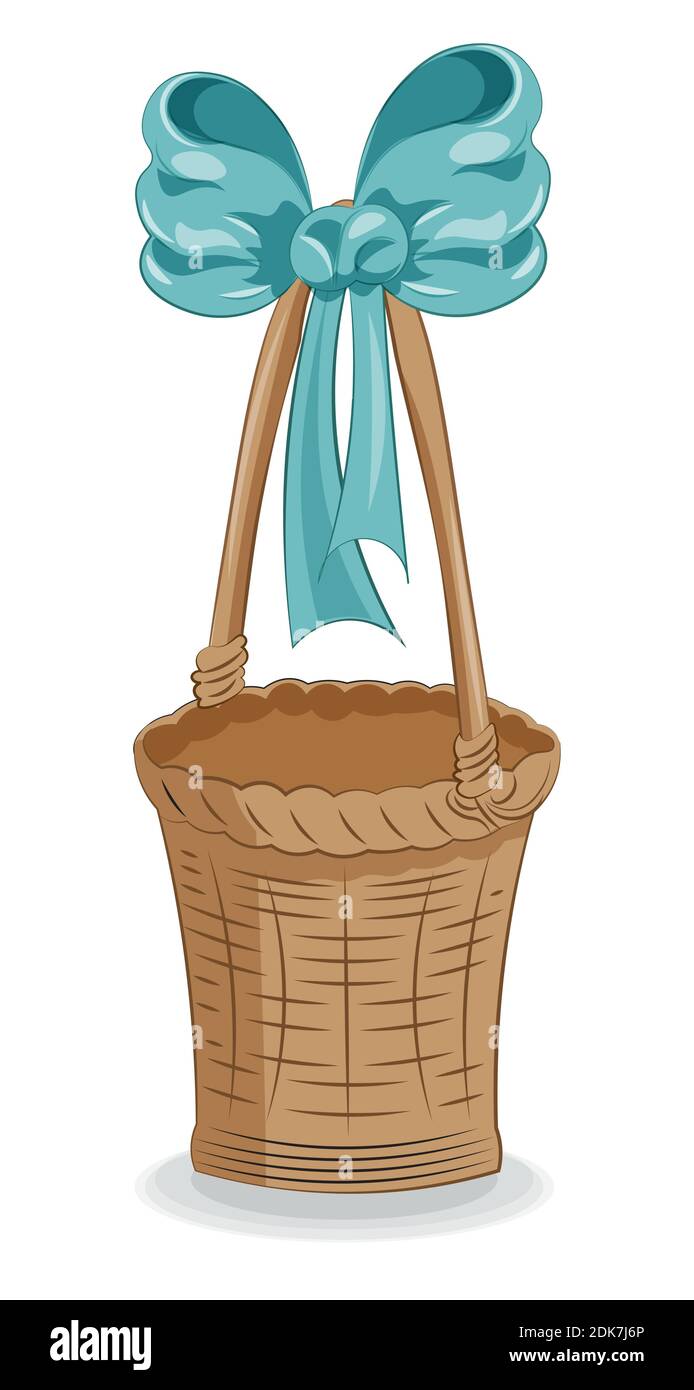 magnifique panier de pique-nique en bois vectoriel isolé avec noeud bleu, image à la main dessin style de dessin animé Illustration de Vecteur