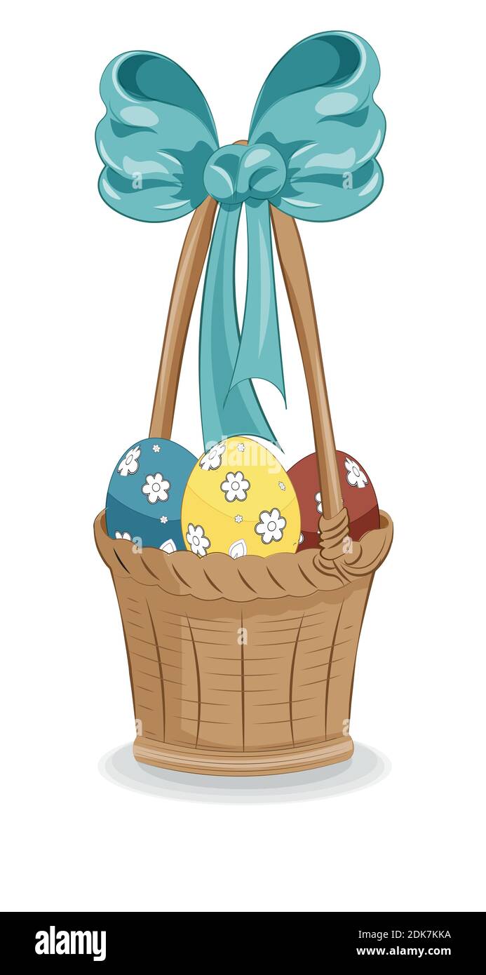 Magnifique panier en bois de Pâques avec noeud et oeufs, photo à la main dessin style de dessin animé pour carte de voeux. Carte postale Illustration de Vecteur