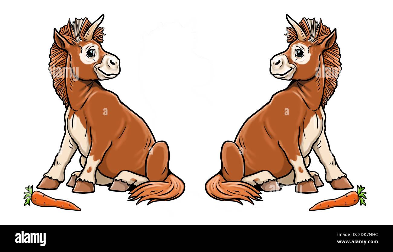 licorne drôle avec la carotte. Modèle de coloriage pour les enfants et les amoureux du cheval. Banque D'Images
