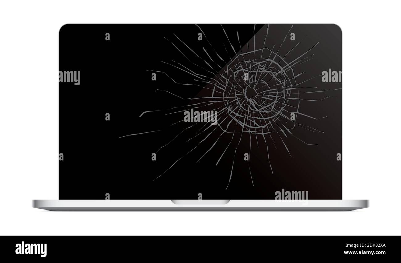 Ordinateur portable avec écran fissuré. Illustration vectorielle réaliste d'un ordinateur portable avec l'écran noir endommagé, isolé sur un fond blanc. Illustration de Vecteur