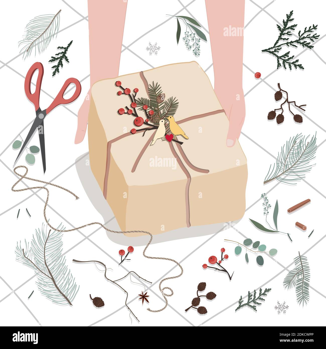 Mains humaines décorant boîte-cadeau ou colis enveloppé dans du papier courrier brun avec brunch de sapin et badge de couple d'oiseaux. Illustration vectorielle pour Noël, Hol Illustration de Vecteur