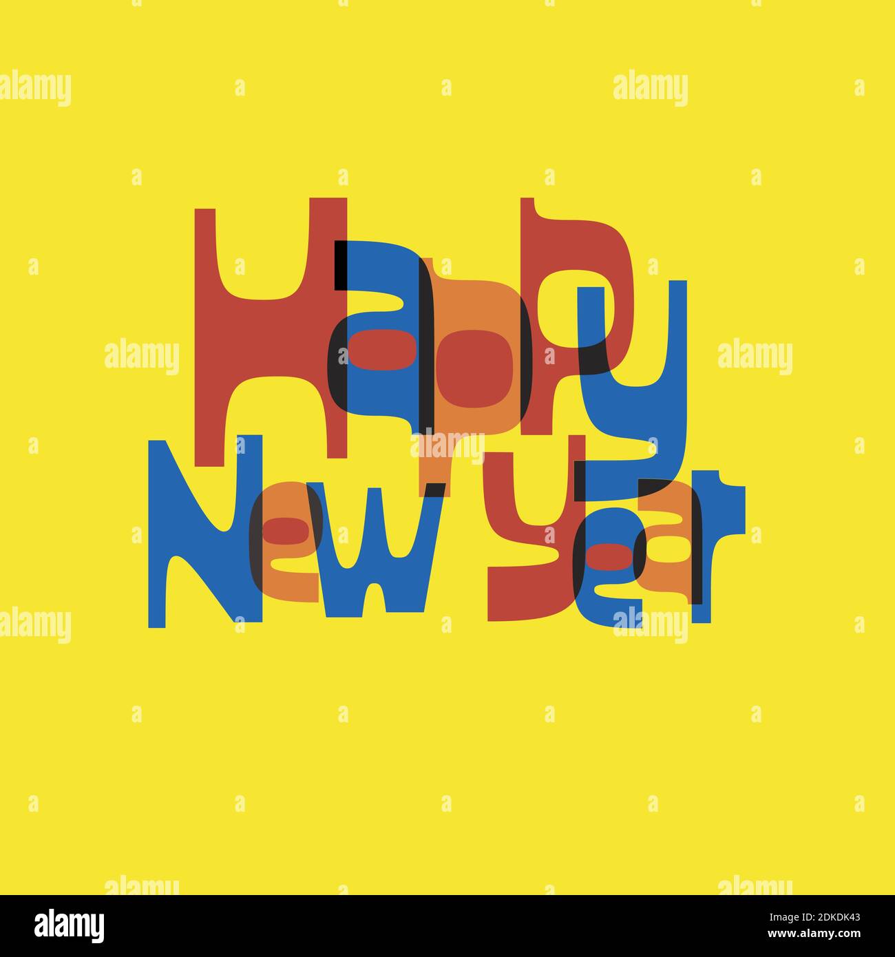 Carte sociale moderne, rétro et amusante Happy New Year du milieu du siècle, avec fond jaune vif et lettres rouges, orange et bleues. Illustration de Vecteur