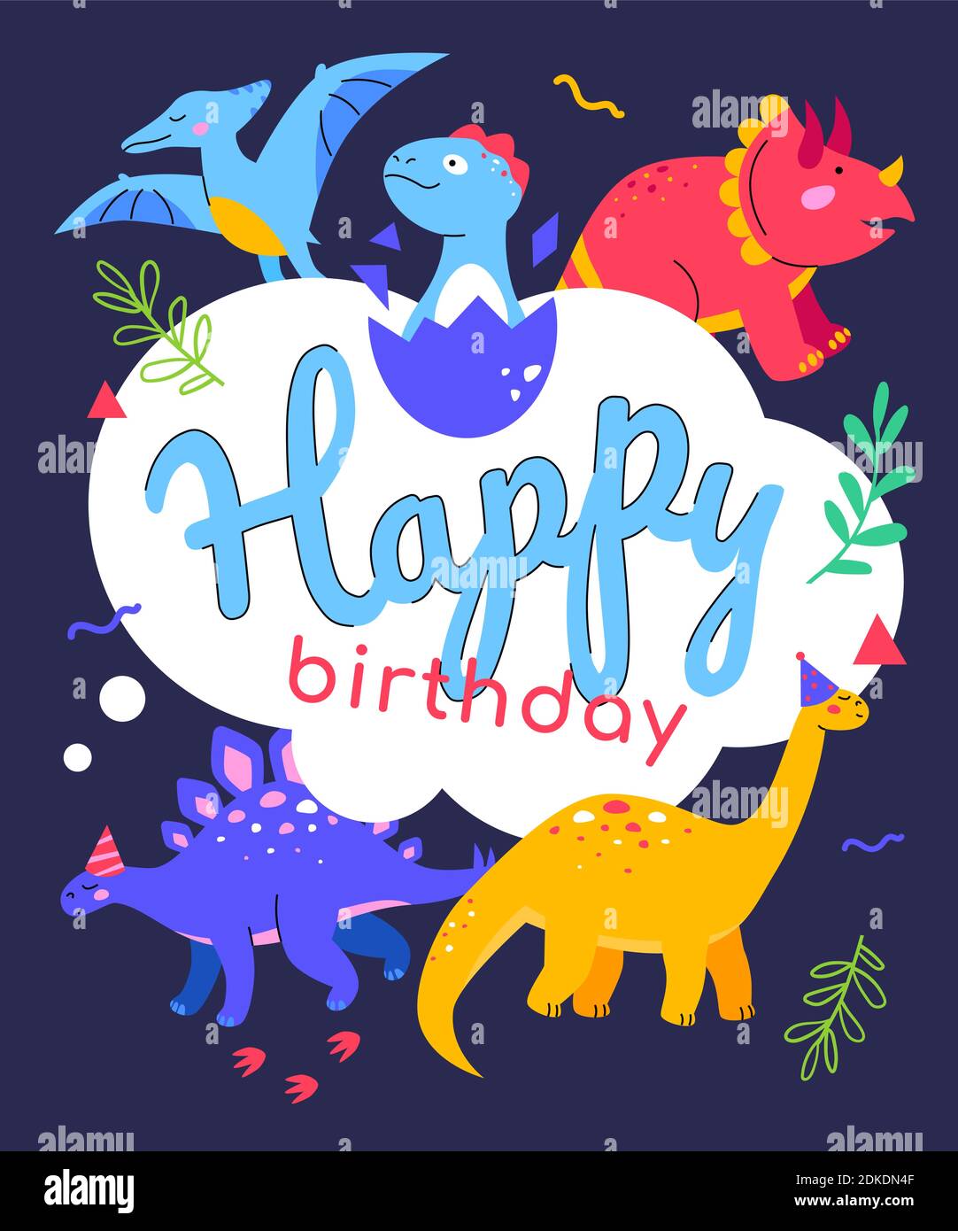 Joyeux anniversaire - illustration de style plat avec caractères sur fond bleu. Carte de vœux avec idée de dinosaures. Images d'ornitosaurus, stegosa Illustration de Vecteur