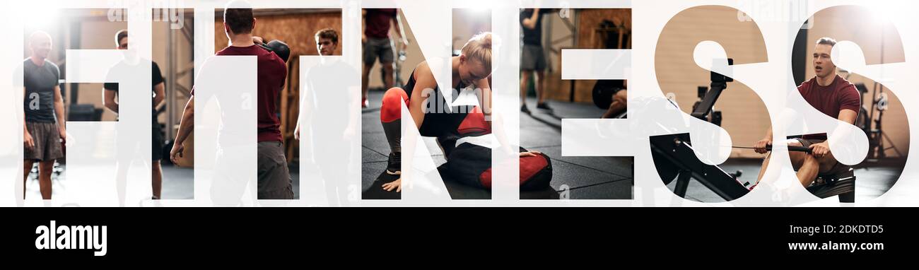 Collage d'un groupe adapté de personnes dans le travail de sportswear à la salle de gym avec un recouvrement du mot fitness Banque D'Images