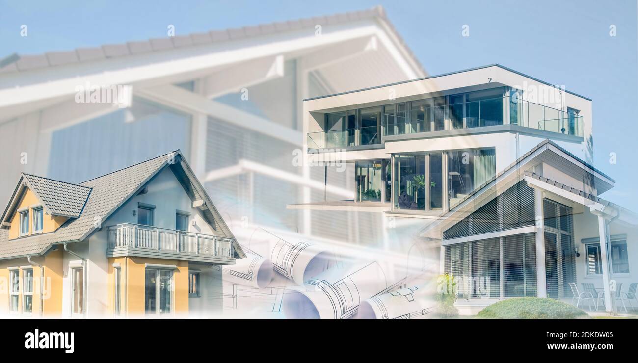 Concept immobilier avec trois maisons unifamiliales modernes Banque D'Images