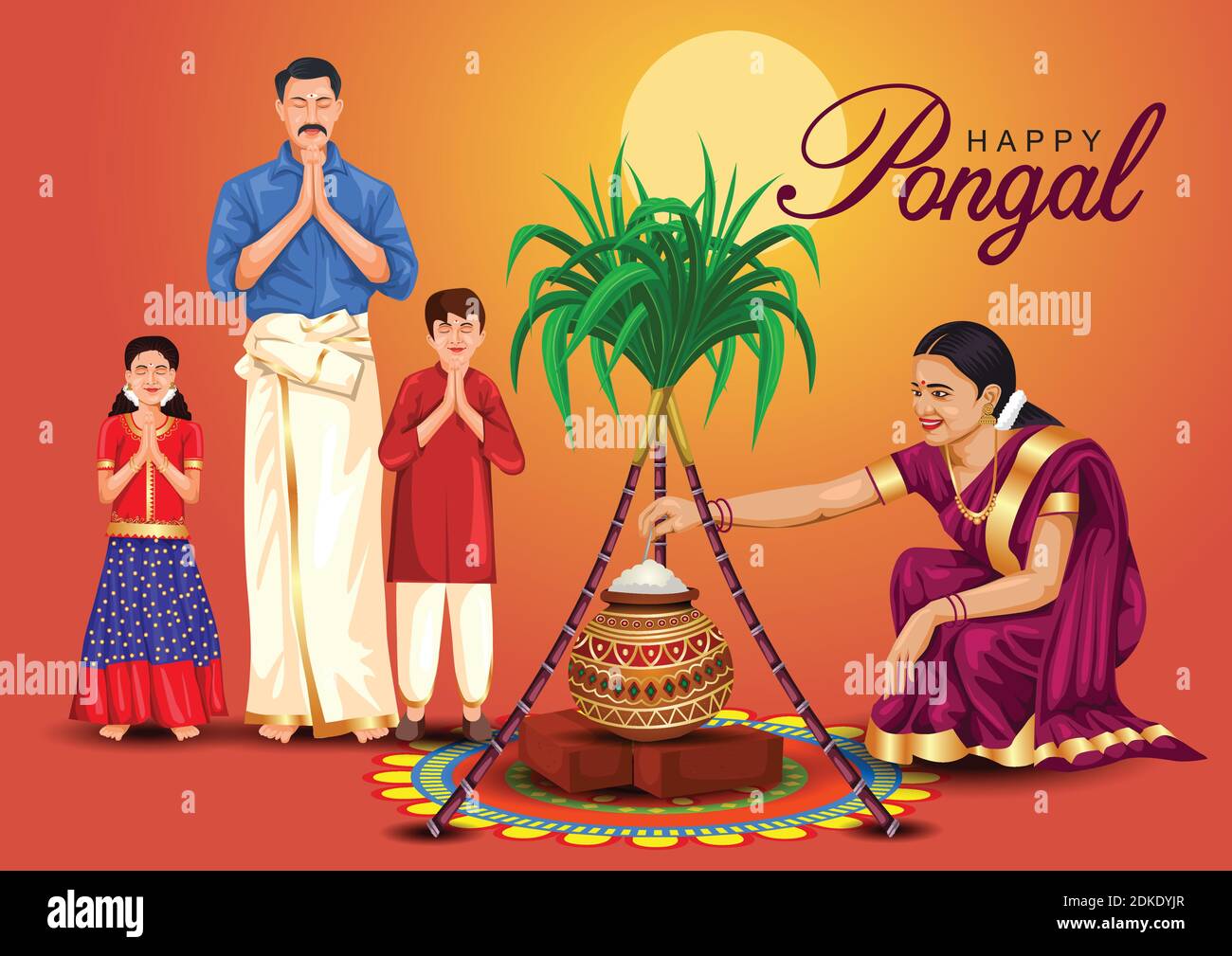 Bonne fête de Pongal avec canne à sucre, Rangoli et pot de riz. Famille tamoule offrant des prières. Illustrateur du concept de célébration du festival culturel indien Illustration de Vecteur
