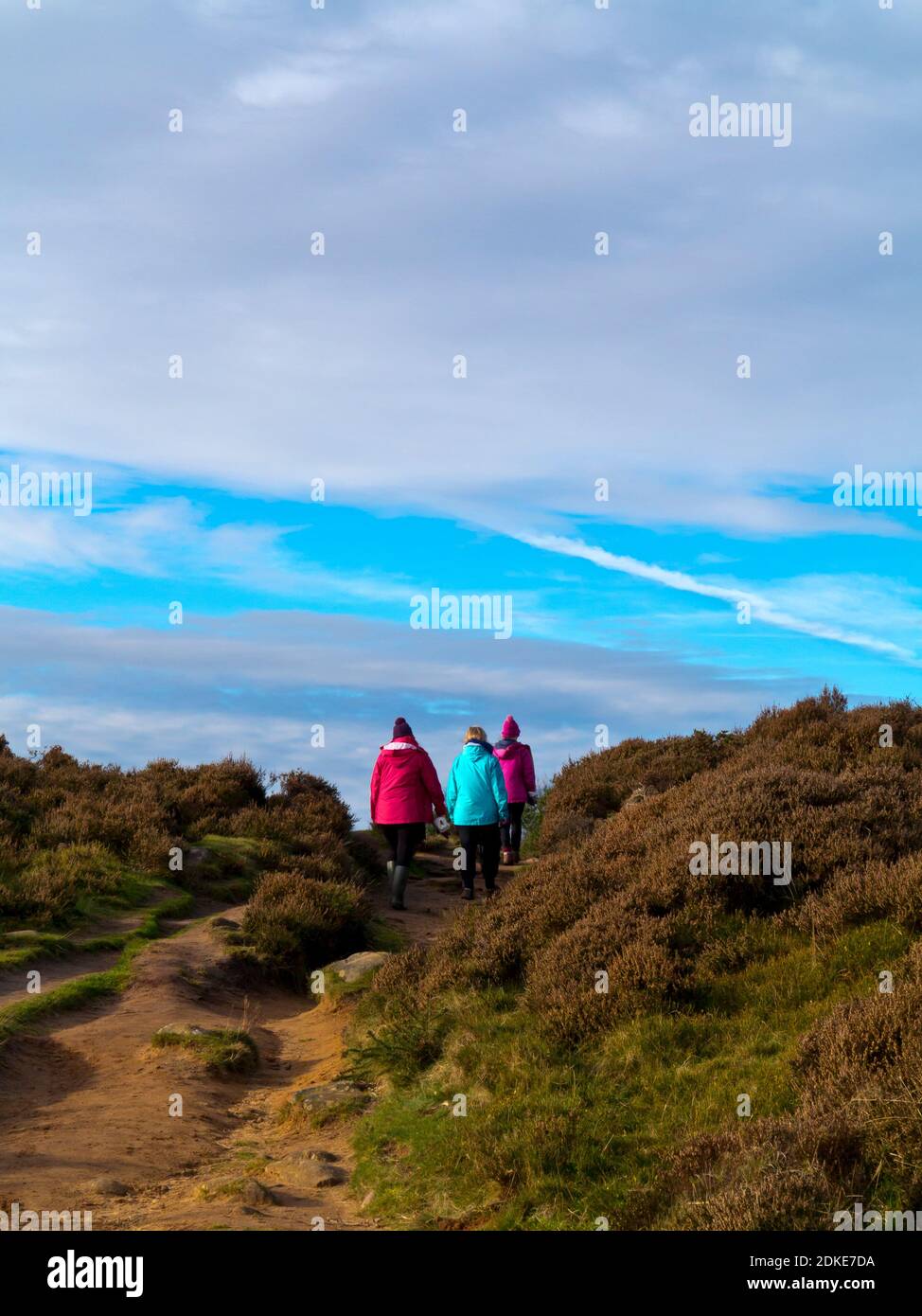 Vue arrière de trois personnes marchant sur un sentier de la lande sous le soleil d'hiver avec ciel bleu et nuages. Banque D'Images