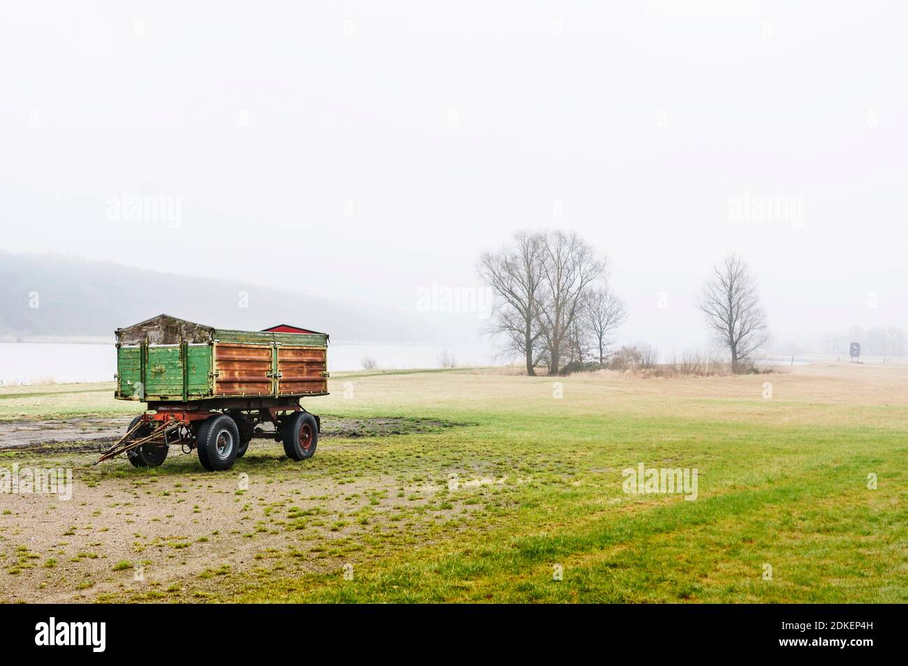 Paysage du fleuve, vallée de l'Elbe, Allemagne, Allemagne du Nord, Basse-Saxe, Elbe, banques près d'Artlenburg, humeur mélancolique, humeur d'hiver, un chariot de récolte agricole, fond brumeux Banque D'Images