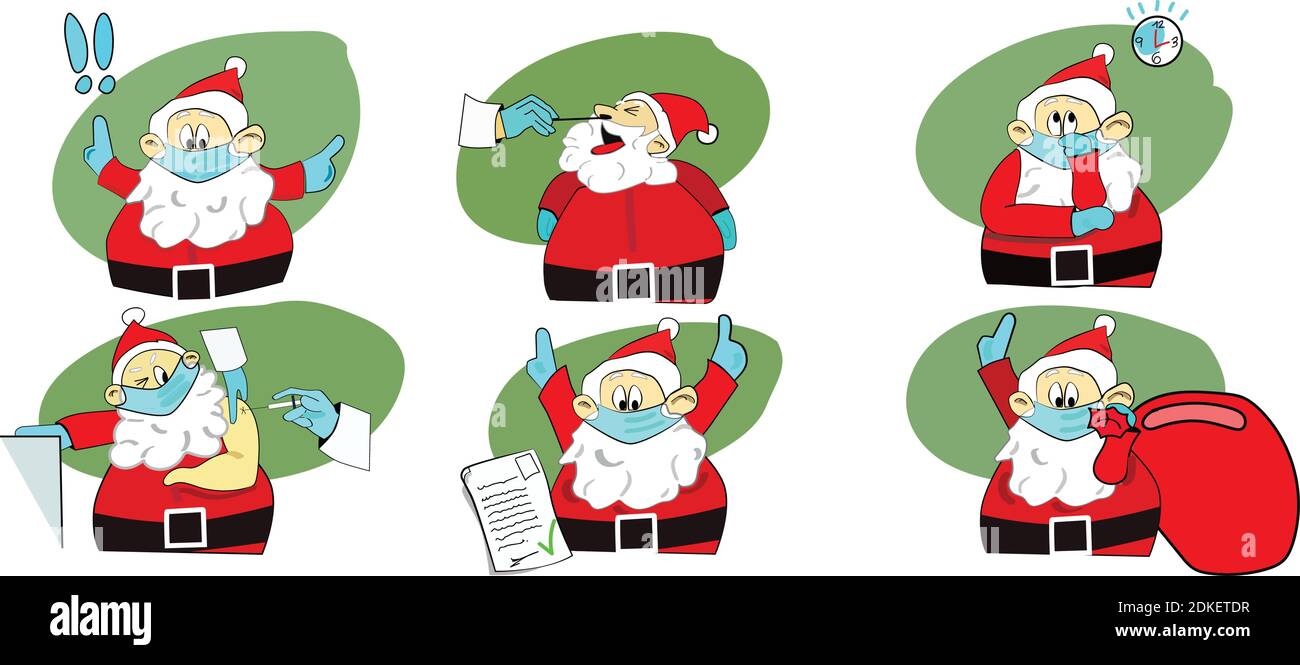vecteur de noël. Le Père Noël se prépare à livrer les cadeaux. Cette année, il a été testé pour le coronavirus et a été vacciné pour être en bonne santé Illustration de Vecteur