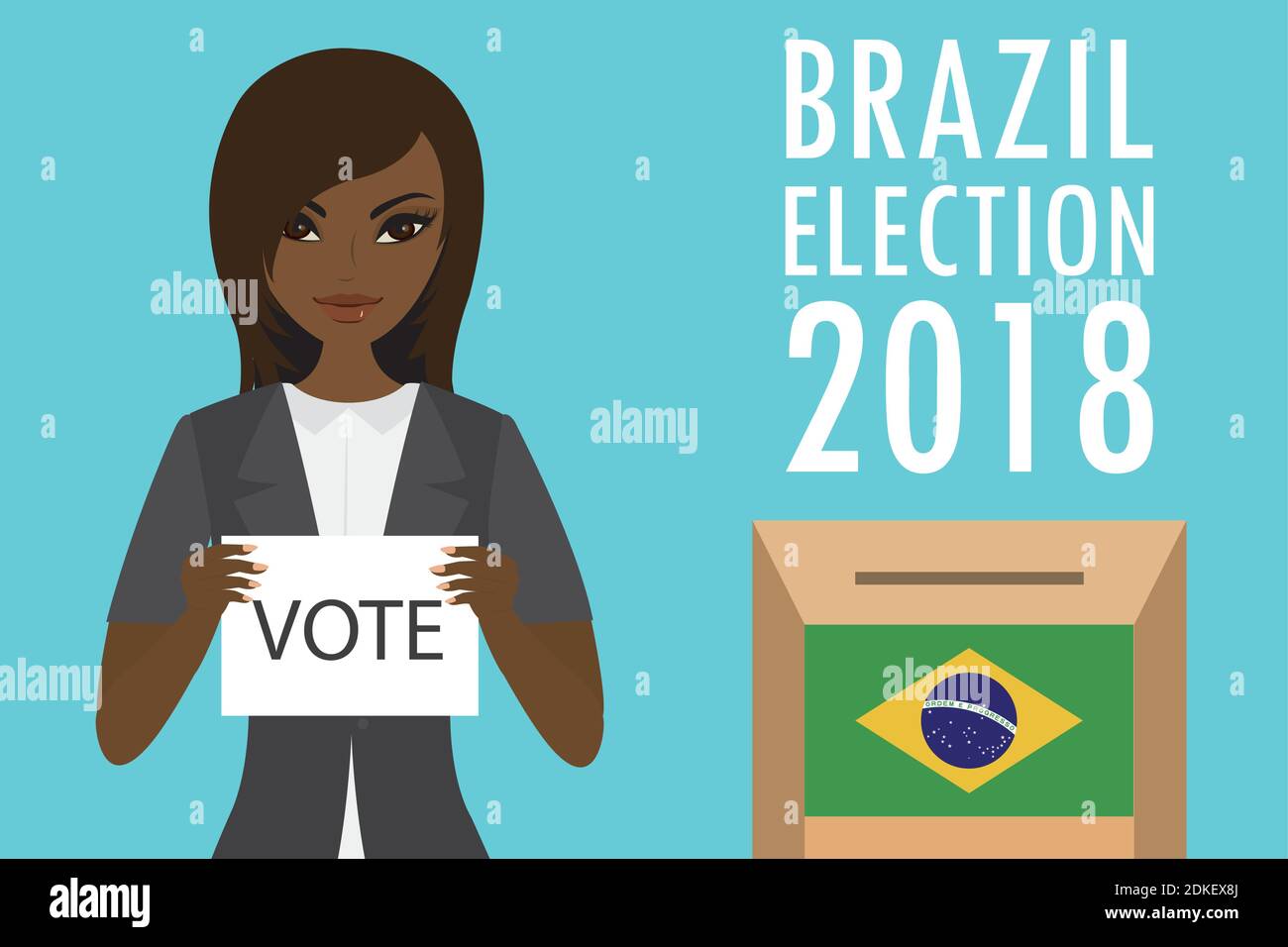 African american Female Holding Paper avec texte-vote, boîte de vote avec drapeau brésilien et inscription -brésil Election 2018, illustration vectorielle plate Illustration de Vecteur