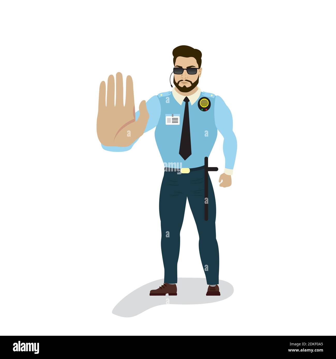 Garde de sécurité mâle montrer Stop main Gesture, officier en uniforme ou agent de protection, isolé sur fond blanc, illustration vectorielle plate Illustration de Vecteur