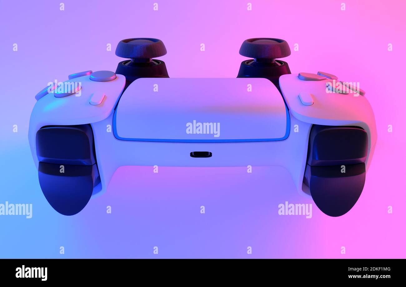 Contrôleur de jeu vidéo réaliste avec lumières au néon sur fond blanc de table. Rendu 3D de l'équipement de streaming et du concept de réalité virtuelle Banque D'Images