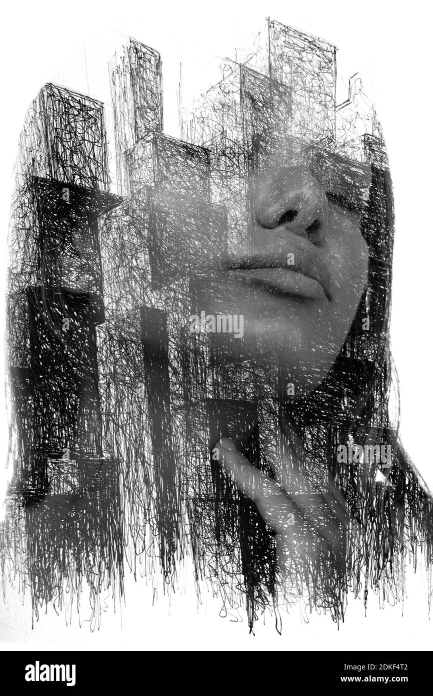 Un portrait monochrome de la peinture d'une femme et d'un dessin de formes de cube abstraites sur fond blanc Banque D'Images