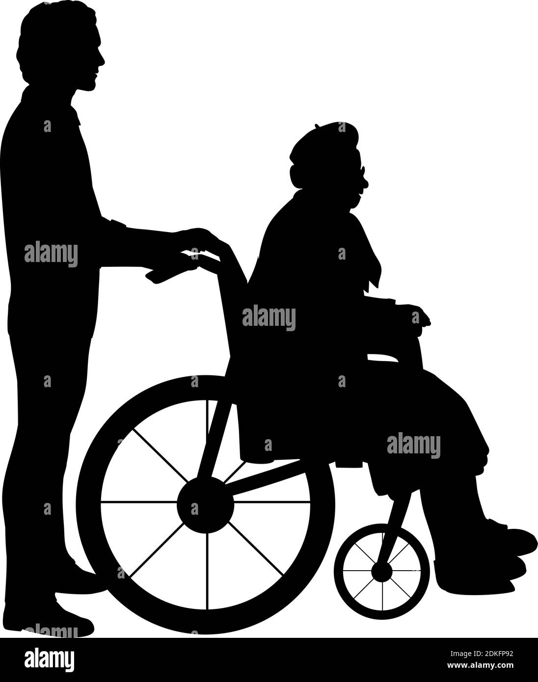 Silhouettes d'homme marchant grand-mère en fauteuil roulant. Icône de symbole d'illustration Illustration de Vecteur