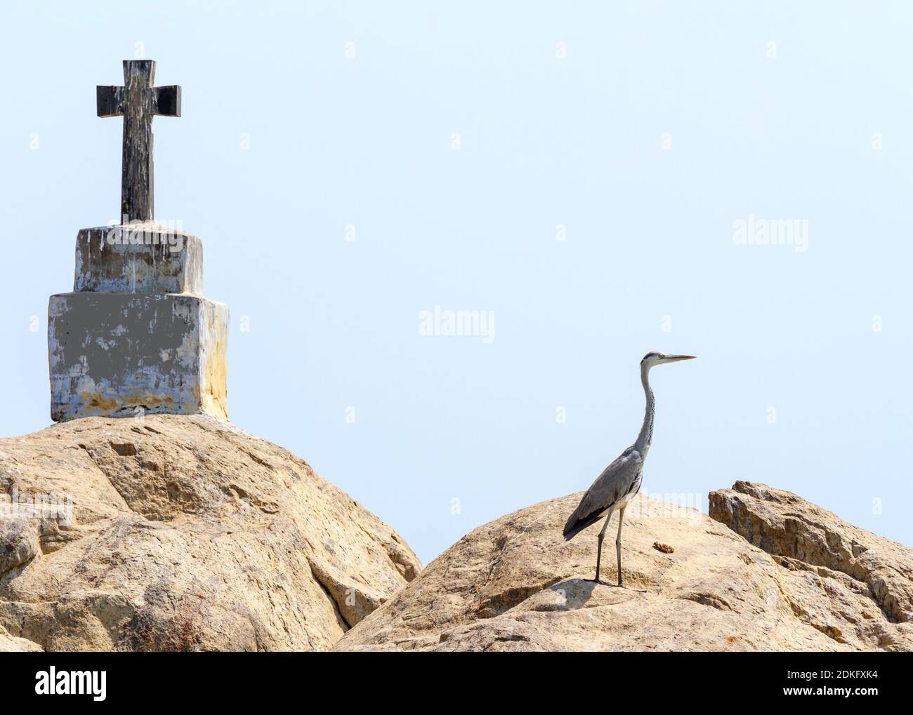 La croix chrétienne et l'oiseau de héron (aigrette) sur la petite île de roche dans les eaux du Kerala, dans le sud de l'Inde Banque D'Images