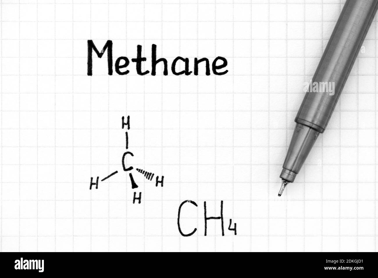 Formule chimique de méthane avec stylo. Gros plan. Banque D'Images