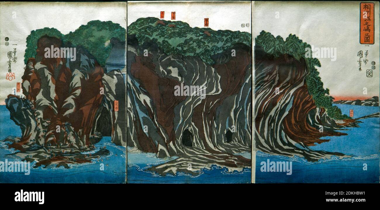 Art, Utagawa Kuniyoshi 1798-1861, titre de l'œuvre, vue d'Enoshima dans la province de Sagami (Sōshū Enoshima no zu), vers 1849-51, Ōban triptyque vertical Banque D'Images Art, Utagawa Kuniyoshi 1798-1861, titre de l'œuvre, vue d'Enoshima dans la province de Sagami (Sōshū Enoshima no zu), vers 1849-51, Ōban triptyque vertical Banque D'Images