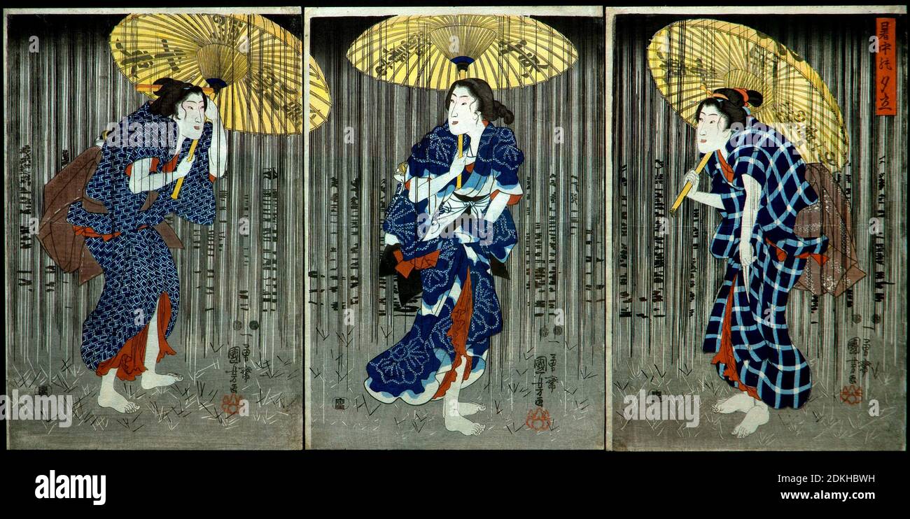 Art, Utagawa Kuniyoshi 1798-1861, titre de l'œuvre, douche soudaine dans la chaleur estivale (Shochū no yūdachi), environ 1849-1851, Ōban triptyque vertical cm Banque D'Images Art, Utagawa Kuniyoshi 1798-1861, titre de l'œuvre, douche soudaine dans la chaleur estivale (Shochū no yūdachi), environ 1849-1851, Ōban triptyque vertical cm Banque D'Images