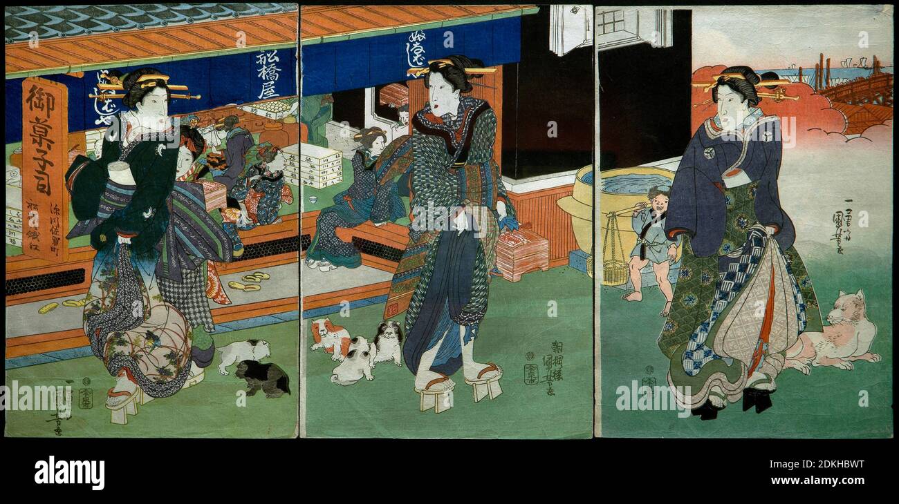 Utagawa Kuniyoshi 1798-1861. Devant la boutique de sucreries Funabashiya. Ōban triptyque vertical. Banque D'Images