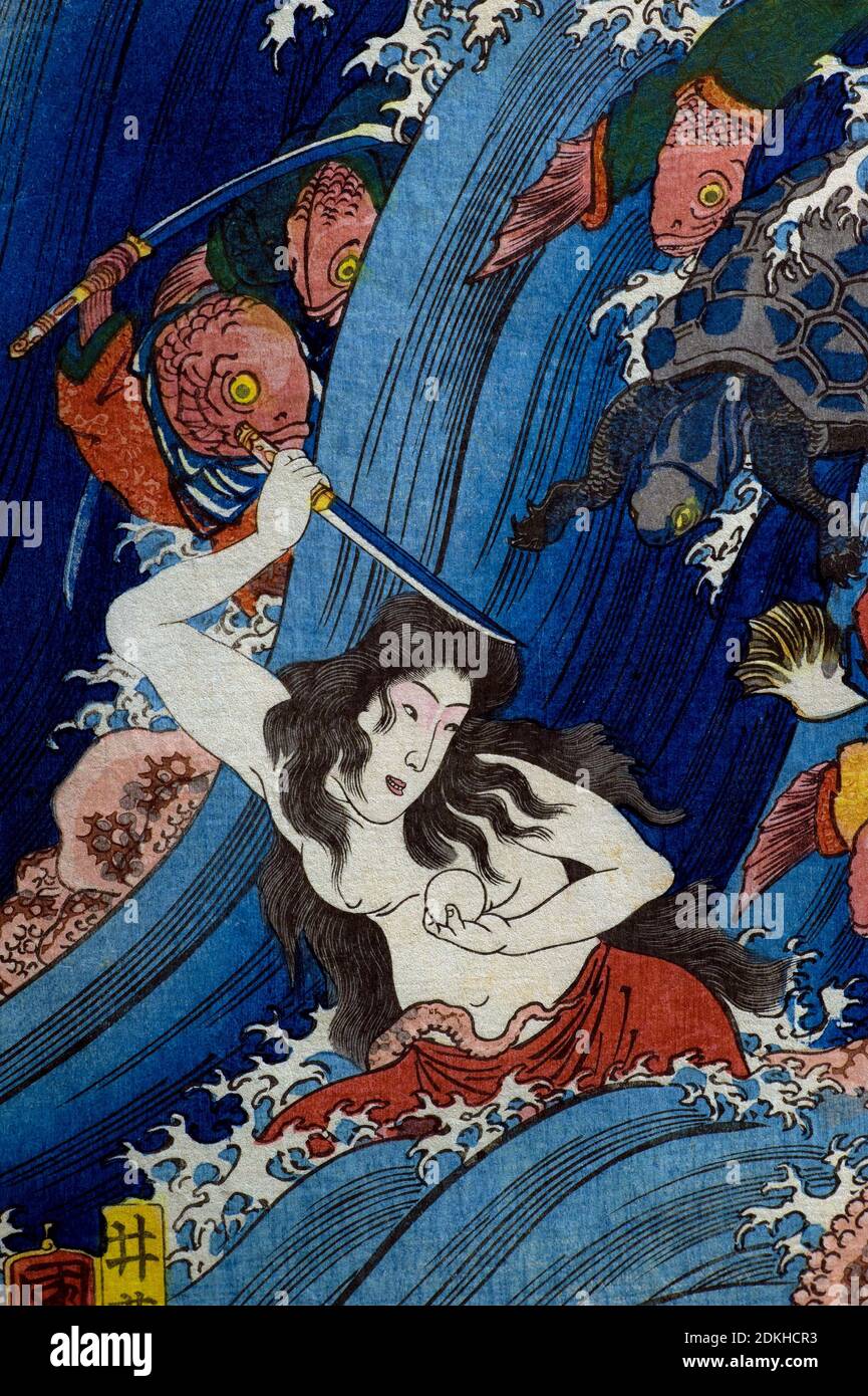 Art, Utagawa Kuniyoshi 1798-1861, titre de l'œuvre, Tamatori-hime voler le Sacré joyau du Palais du Dragon (Ryūgū Tamatori-hime no zu), 1853, Banque D'Images Art, Utagawa Kuniyoshi 1798-1861, titre de l'œuvre, Tamatori-hime voler le Sacré joyau du Palais du Dragon (Ryūgū Tamatori-hime no zu), 1853, Banque D'Images