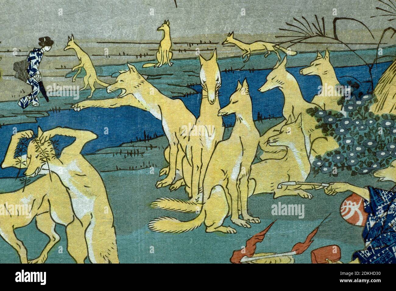 Utagawa Kuniyoshi 1798-1861. Foxes comiques pratiquant le changement de forme (Dōke kitsume henge no keiko). Environ 1842. Nishiki-e Ōban horizontal. Détail. Banque D'Images Utagawa Kuniyoshi 1798-1861. Foxes comiques pratiquant le changement de forme (Dōke kitsume henge no keiko). Environ 1842. Nishiki-e Ōban horizontal. Détail. Banque D'Images