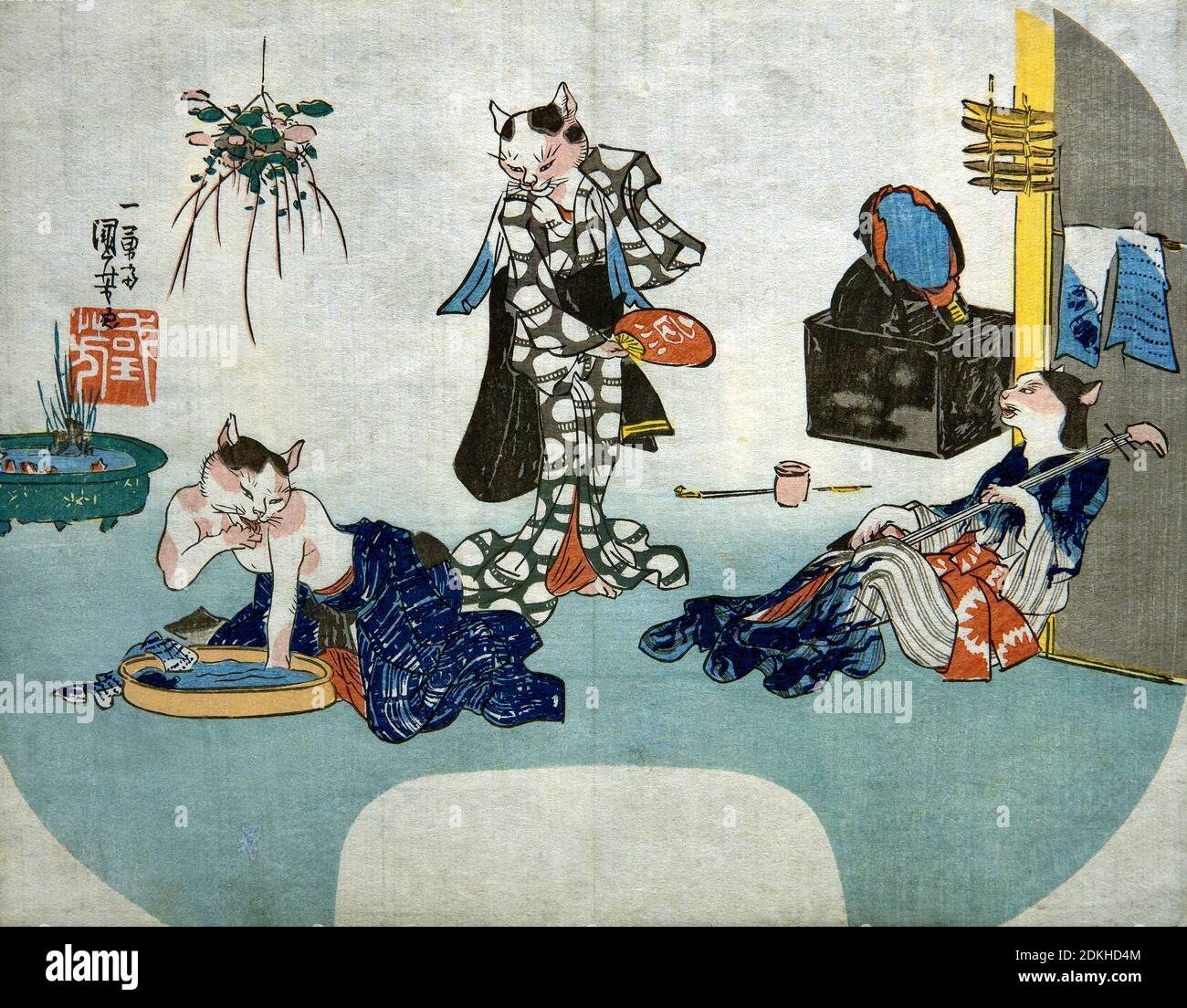 Utagawa Kuniyoshi 1798-1861. Les chats antropomorphes se détendent en été. Environ 1842. Aiban (uchiwae). 22.4 x 28.7. Banque D'Images Utagawa Kuniyoshi 1798-1861. Les chats antropomorphes se détendent en été. Environ 1842. Aiban (uchiwae). 22.4 x 28.7. Banque D'Images