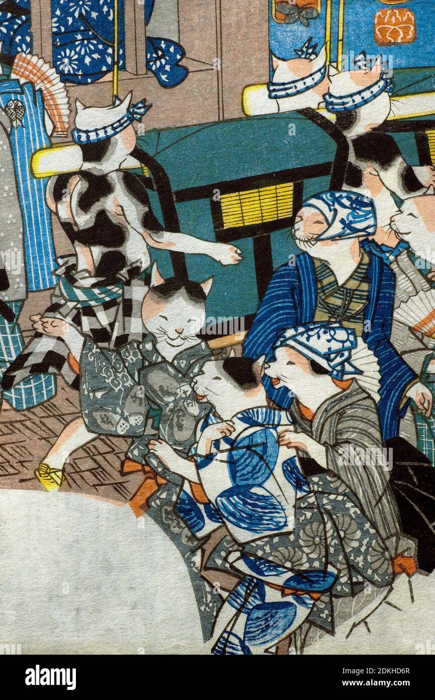 Utagawa Kuniyoshi 1798-1861. Lune pâle. Chats en saison (Oborozuki neko no sakari). Environ 1846. Aiban (uchiwae). 22.4 x 28.8. Banque D'Images Utagawa Kuniyoshi 1798-1861. Lune pâle. Chats en saison (Oborozuki neko no sakari). Environ 1846. Aiban (uchiwae). 22.4 x 28.8. Banque D'Images