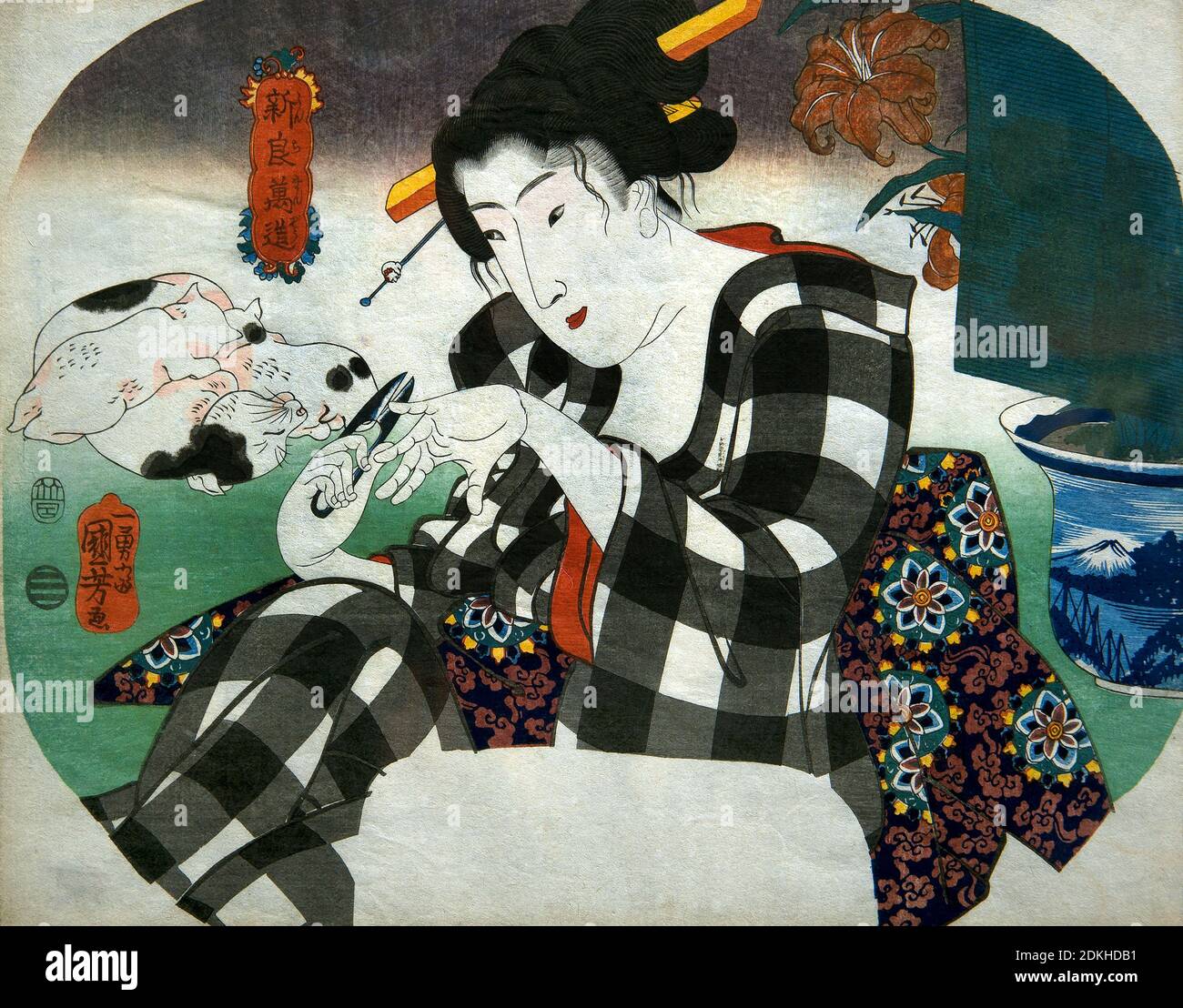 Utagawa Kuniyoshi 1798-1861. Couper ses ongles série l'univers des femmes (Shinramanzō). Vers 1843-44. Aiban (uchiwae). 22.4 x 29.2. Banque D'Images Utagawa Kuniyoshi 1798-1861. Couper ses ongles série l'univers des femmes (Shinramanzō). Vers 1843-44. Aiban (uchiwae). 22.4 x 29.2. Banque D'Images