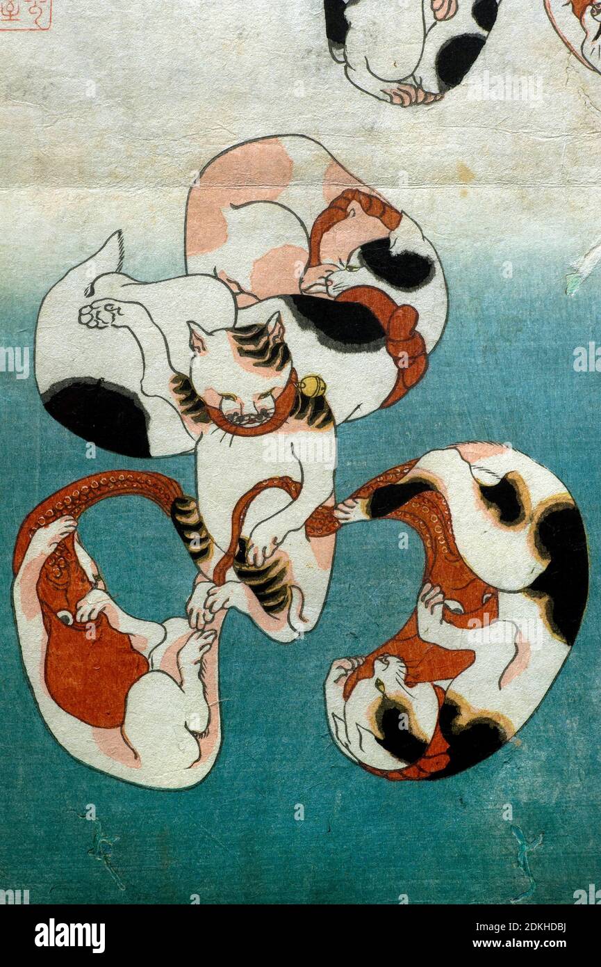 Utagawa Kuniyoshi 1798-1861. Octopus Series Cats formant des caractères écrits (Neko no ateji). Environ 1842. Vertical Ōban. 36.1 x 24.6. détail. Banque D'Images Utagawa Kuniyoshi 1798-1861. Octopus Series Cats formant des caractères écrits (Neko no ateji). Environ 1842. Vertical Ōban. 36.1 x 24.6. détail. Banque D'Images