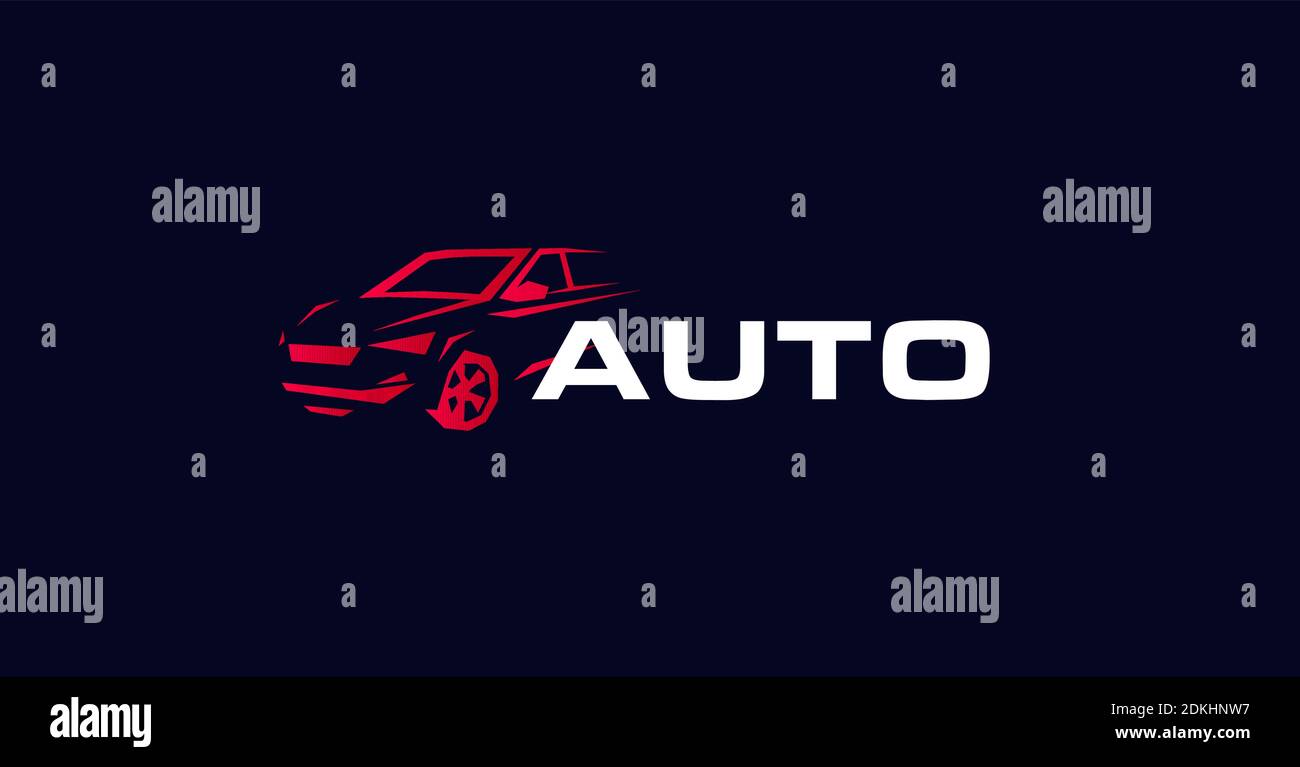 Concept de logo vectoriel de style contour de voiture. Icône d'isolation de silhouette automatique sur fond noir. Logotype automobile pour les services de réparation et de diagnostic de voitures Illustration de Vecteur