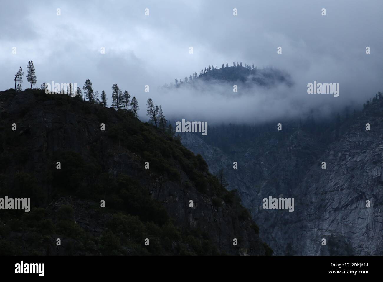Des falaises de granit enveloppées de brouillard près du réservoir Hetch Hetchy Yosemite National part Banque D'Images