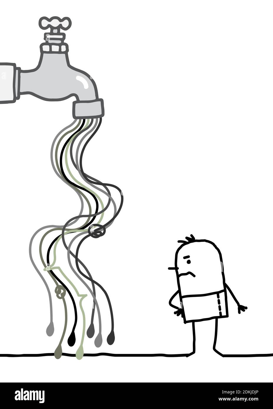 Un homme de Carton, un homme à la main, qui regarde un Tap avec du gris Débit d'eau polluée Illustration de Vecteur