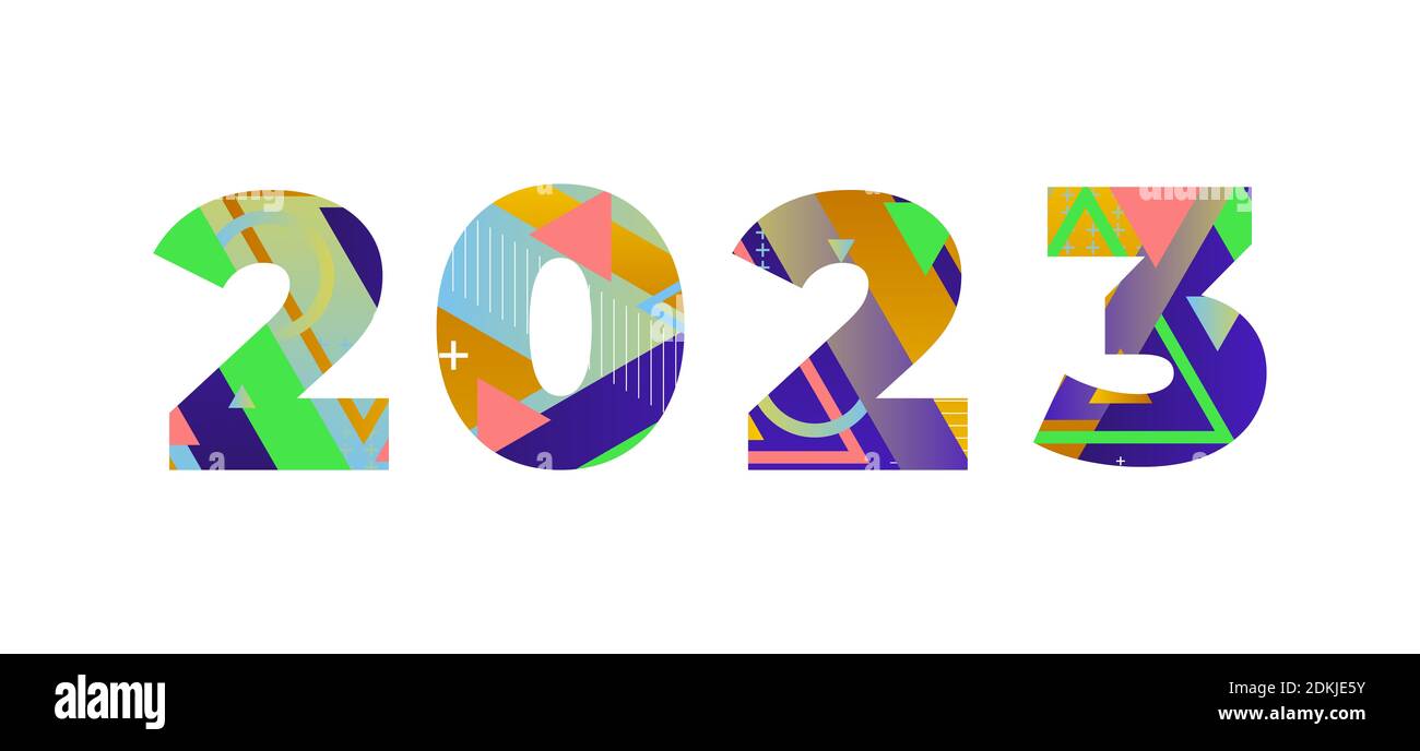 Le concept de l'année 2023 est écrit dans des formes rétro colorées et des illustrations de couleurs. Banque D'Images