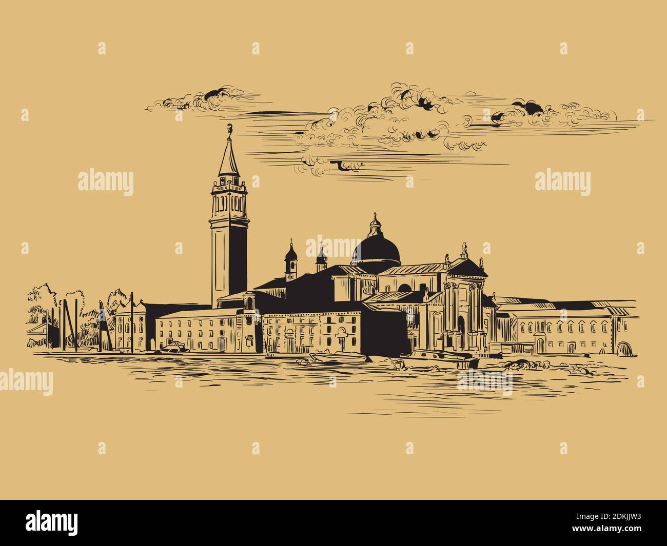 Dessin vectoriel à la main illustration de la vue panoramique de Venise. Venise Skyline esquisse dessinée à la main dans la couleur noire isolée sur fond beige. Illustration de Vecteur