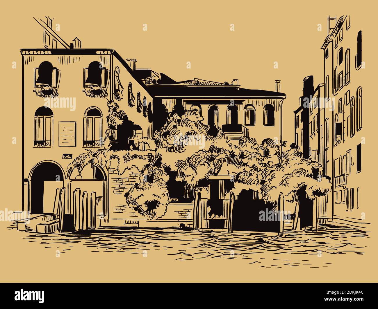 Dessin vectoriel à la main illustration du paysage urbain de Venise dessin à la main en noir isolé sur fond beige. Concept de voyage. Pour imprimer un Illustration de Vecteur