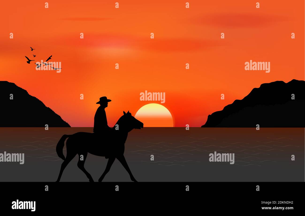 image graphique l'homme à cheval à la mer de plage avec silhouette crépuscule est un coucher de soleil sur la mer avec fond de montagne, dessin vectoriel illustration Illustration de Vecteur