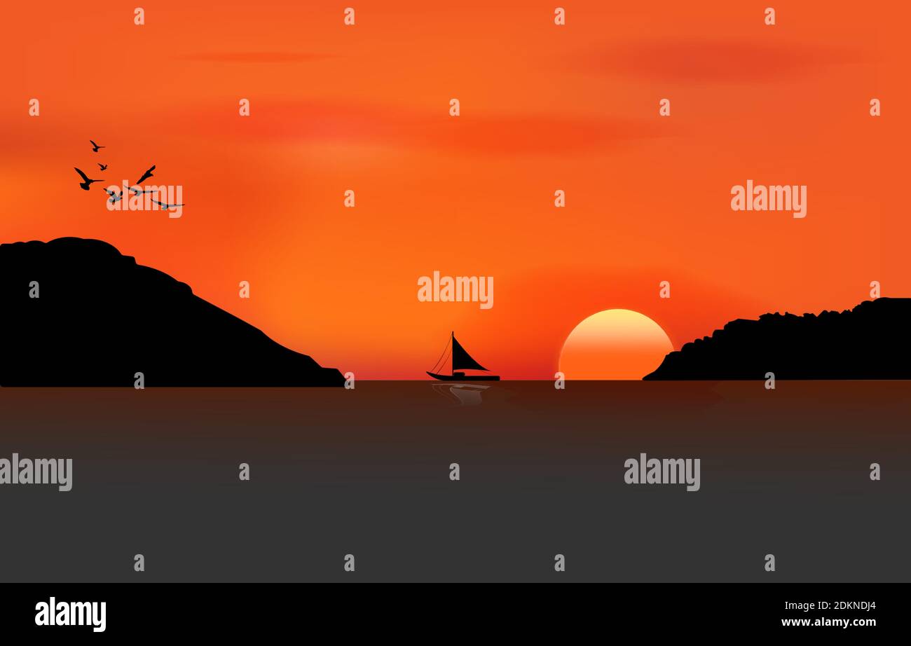 image graphique la mer avec silhouette crépuscule est un coucher de soleil sur la mer avec montagne et bateau, dessin vectoriel illustration Illustration de Vecteur
