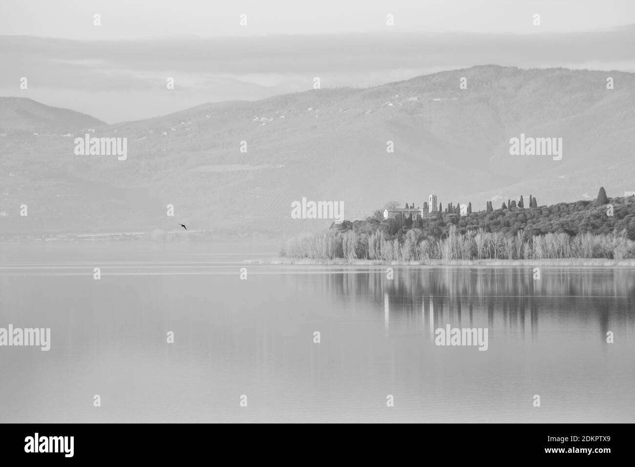 Une vue parfaitement symétrique d'un lac, avec des réflexions sur l'eau Banque D'Images