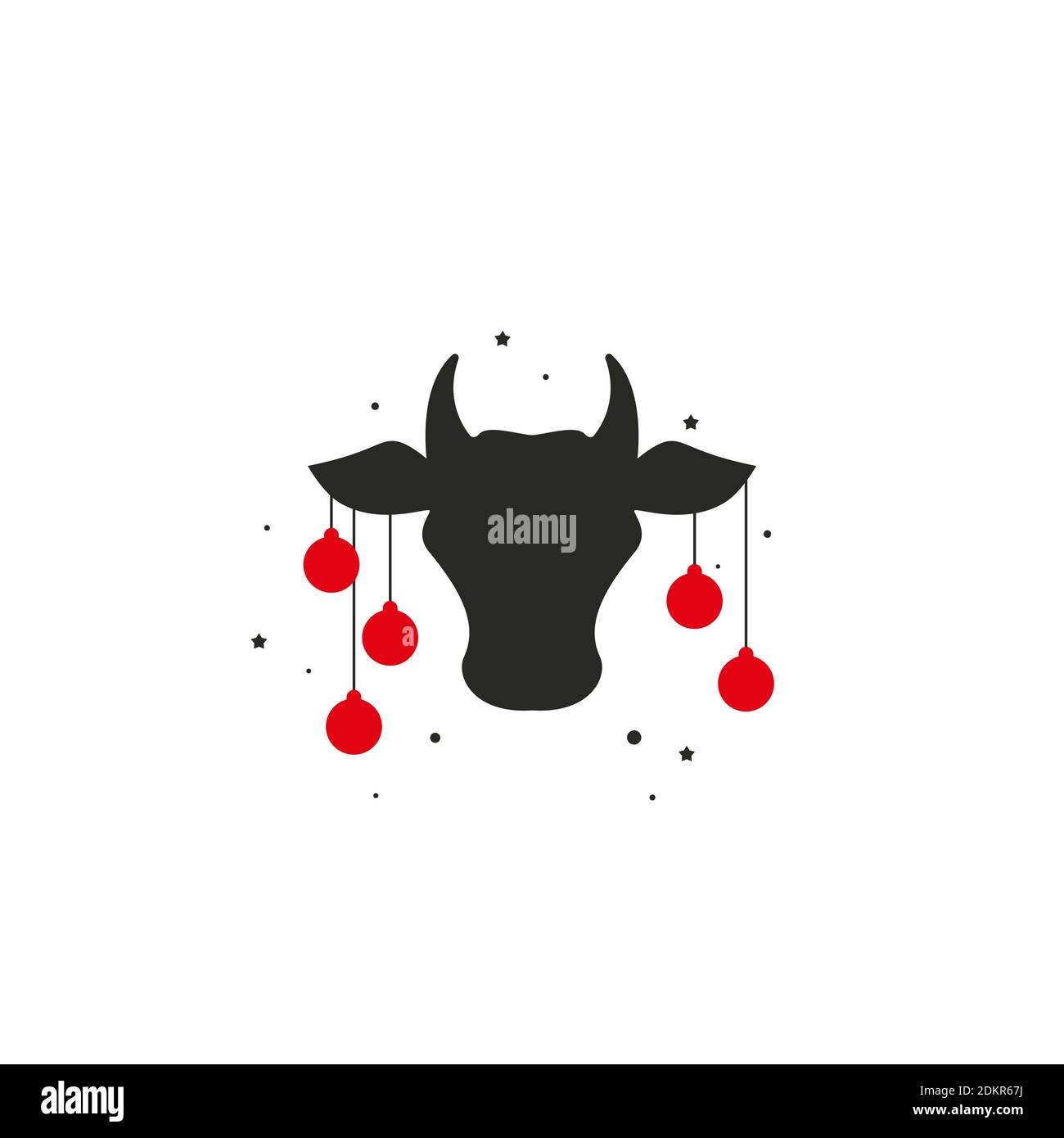 Tête de vache avec boules rouges de noël sur les cornes, la neige et les étoiles. Symbole bœuf ou lait. Illustration vectorielle isolée sur blanc. Carte de Noël Illustration de Vecteur