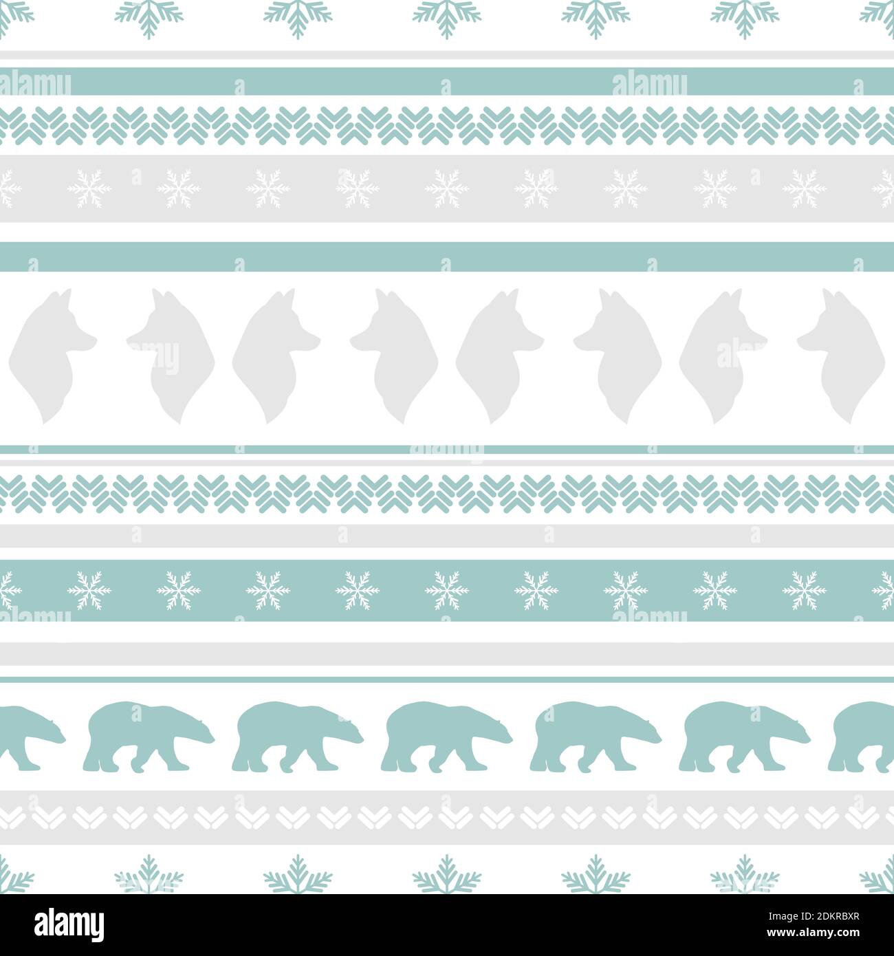 Motif hivernal sans couture avec flocons de neige blancs, ours polaires et loups. Décoration de Noël à motif vectoriel plat sur fond bleu poudré. Texte renne d'hiver Illustration de Vecteur