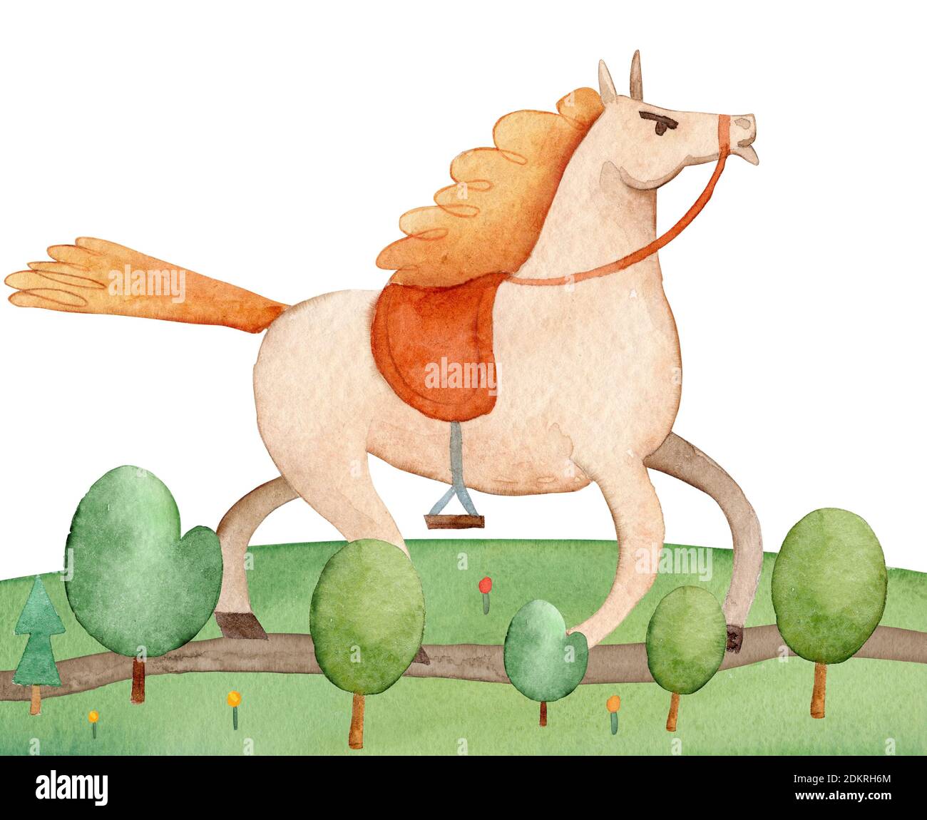 Cheval de dessin animé aquarelle. Illustration Kiddish du cheval de dessin animé qui tourne à travers le champ. Banque D'Images