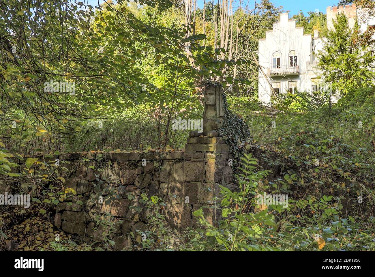 Une figure en pierre égyptienne donne sur le jardin surcultivé. Des parties du bâtiment autrefois majestueux peuvent être vues en arrière-plan. Château d'Eggersdorf. Banque D'Images