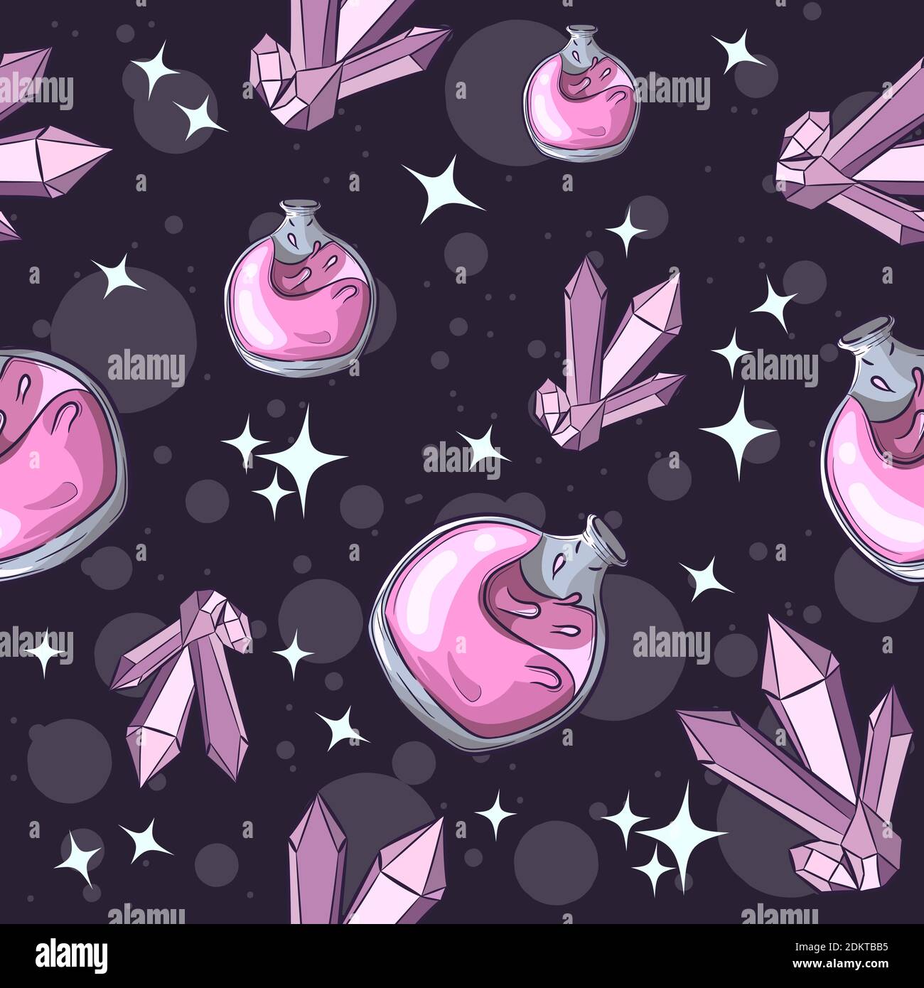 Motif occulte et wiccan sans couture avec objets alchimie. Bouteille de poison rose et améthyste, fond répétitif pour Halloween. Illustration de Vecteur