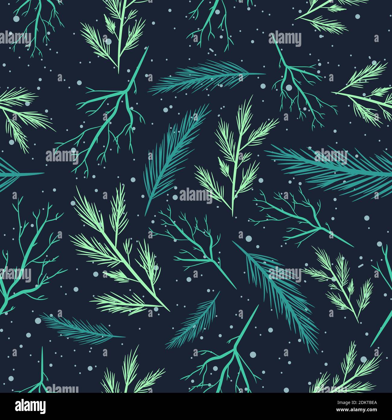 Motif hivernal sans coutures avec nuances turquoise et vertes. Arbre de Noël et branches à feuilles persistantes arrière-plan répétitif. Illustration de Vecteur
